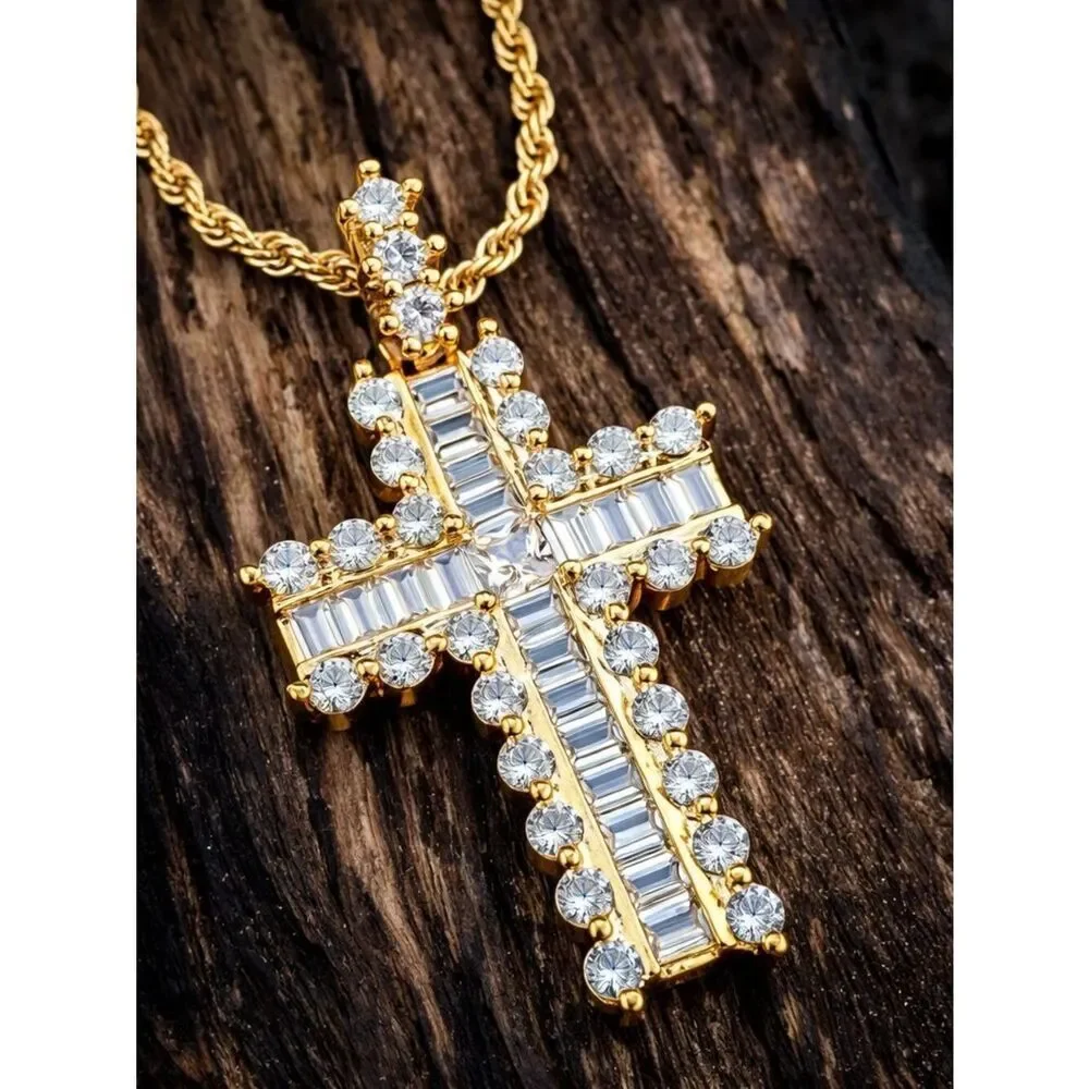 Baguette and Round Stone Cross Necklace